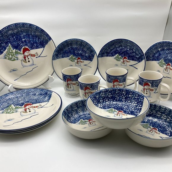 VTG 18 pcs Thomson Pottery Snowman Christmas Spongeware Dinnerware & Drinkware - Picture 2 of 14